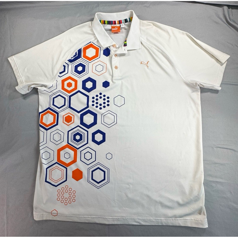 PUMA Sportlifestyle Men's Polo Shirt XL White/Orange/Blue Geometric Golf